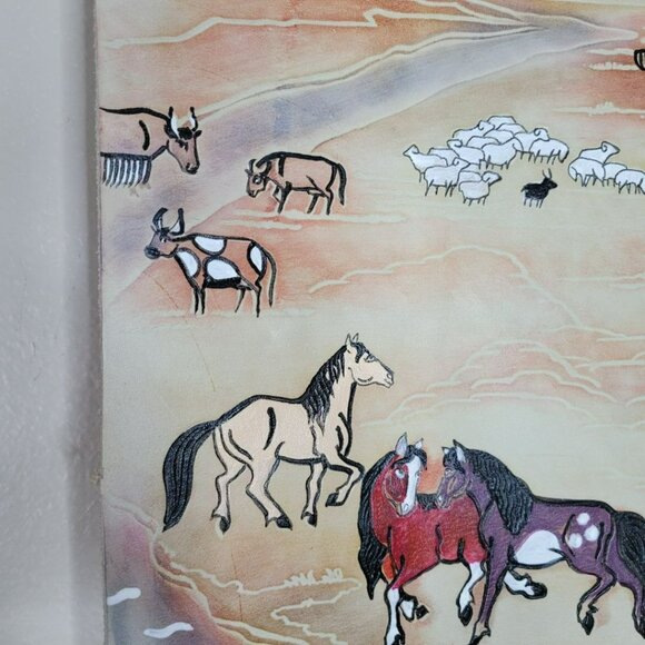 Hand Painted Leather Wall Art Horses Mongolian Landscape Wood Western Carved - Picture 11 of 16